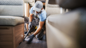 man cleaning inside of a motorhome