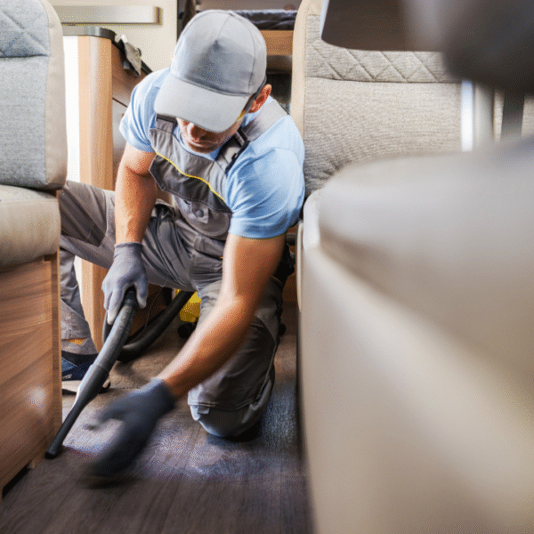 man cleaning inside of a motorhome